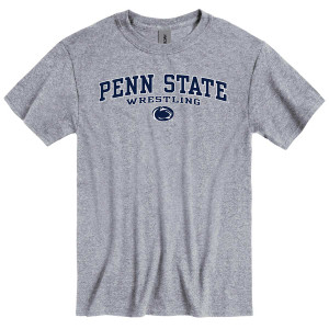 gray short sleeve t-shirt with arched Penn State Wrestling above Athletic Logo